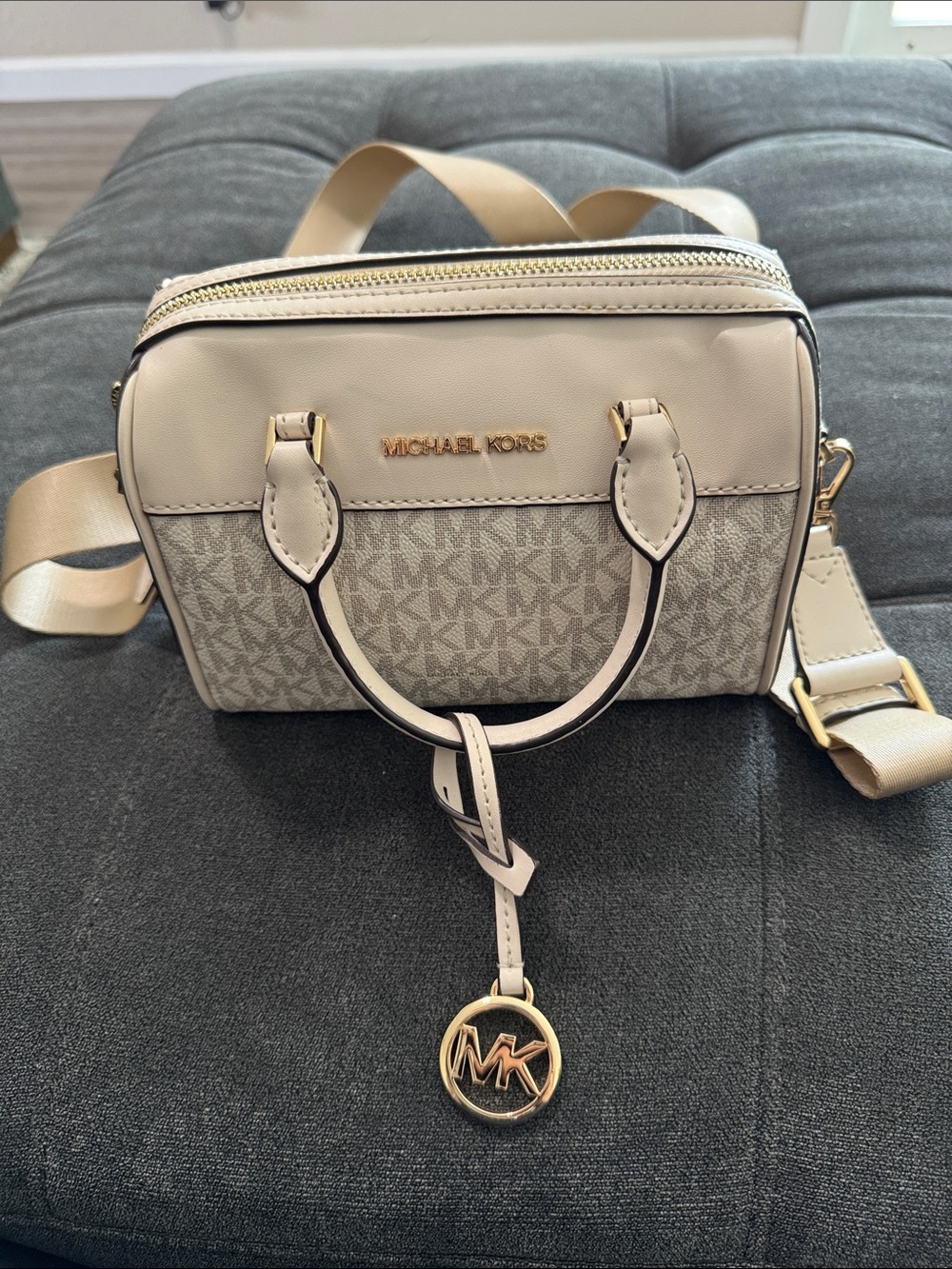 Michael Kors Cream and Beige Signature Mini Satchel with Gold Hardware